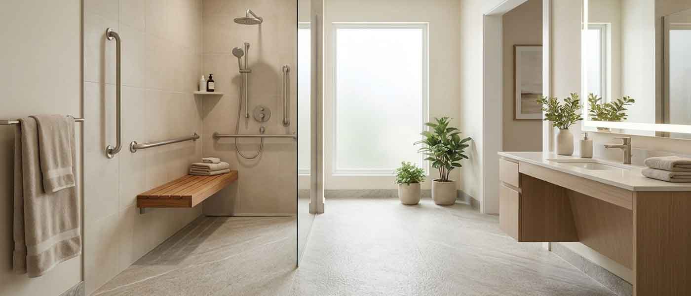 Salle de bain senior aménagée avec douche sécurisée